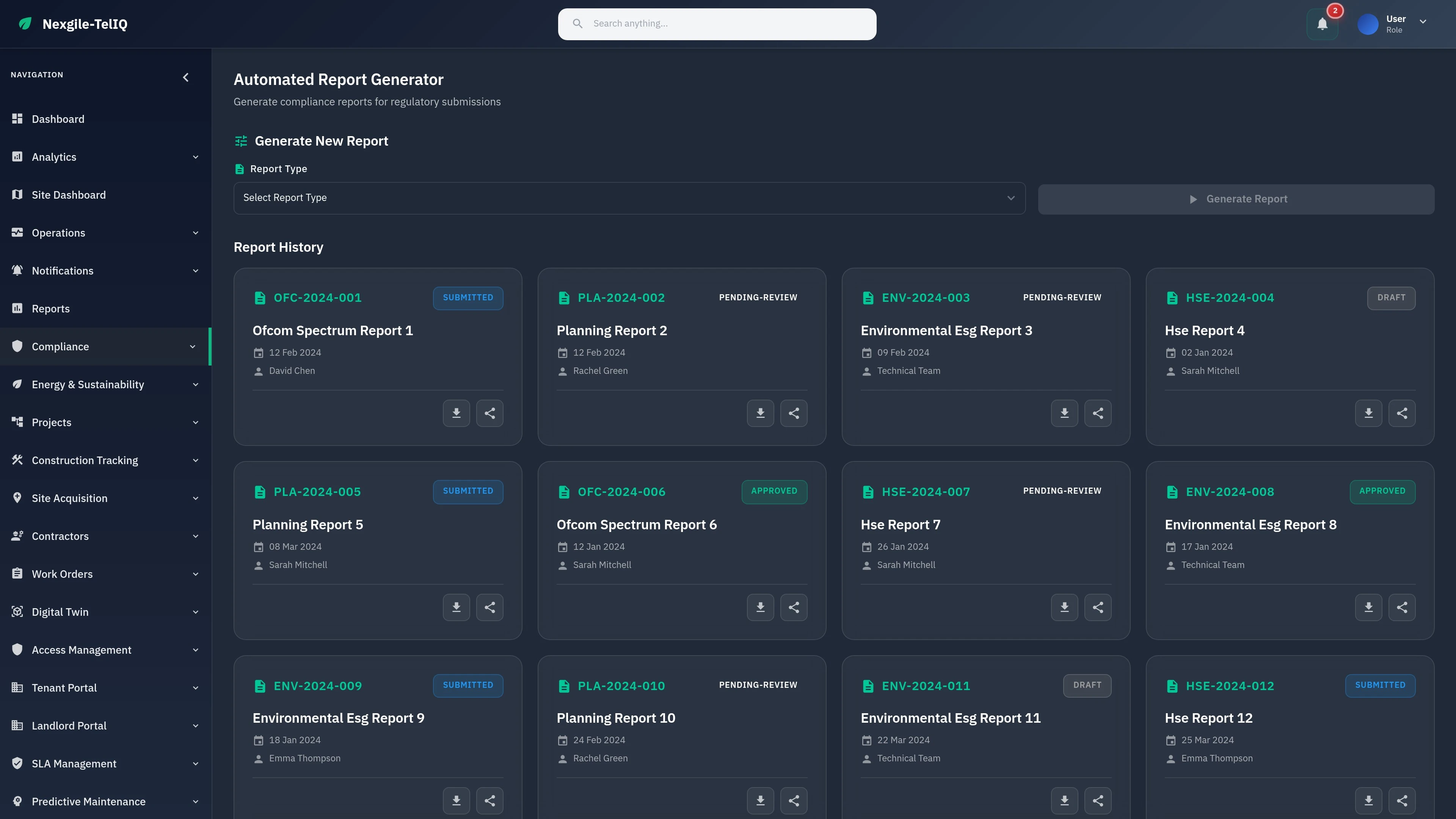 Illustrative preview (sample data, not verified outcomes): Compliance Reports - Nexgile-TelIQ Command Portal