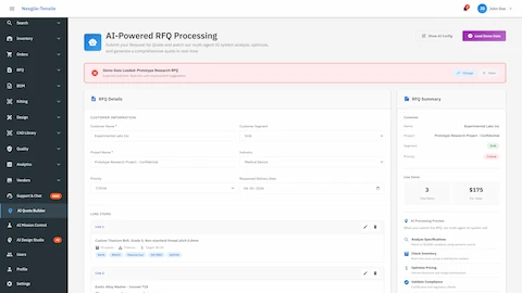 Illustrative preview (sample data, not verified outcomes): RFQ Processing Dashboard - Overview of multi-agent RFQ workflow and processing status