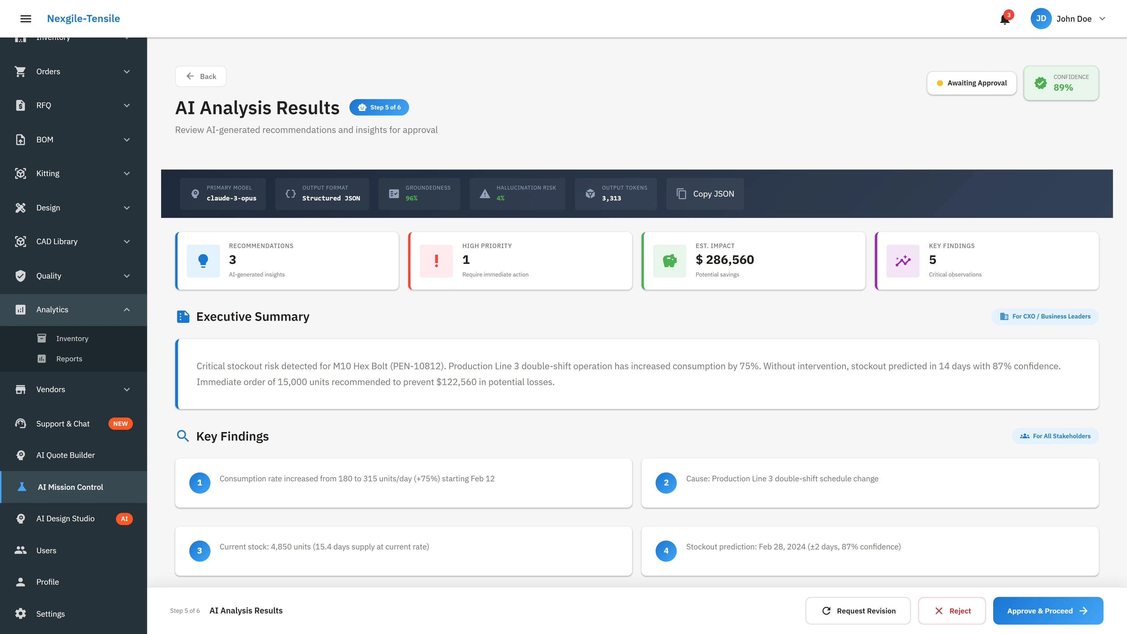 Illustrative preview (sample data, not verified outcomes): Recommendations Panel - AI-generated actions with confidence scores and cost impact