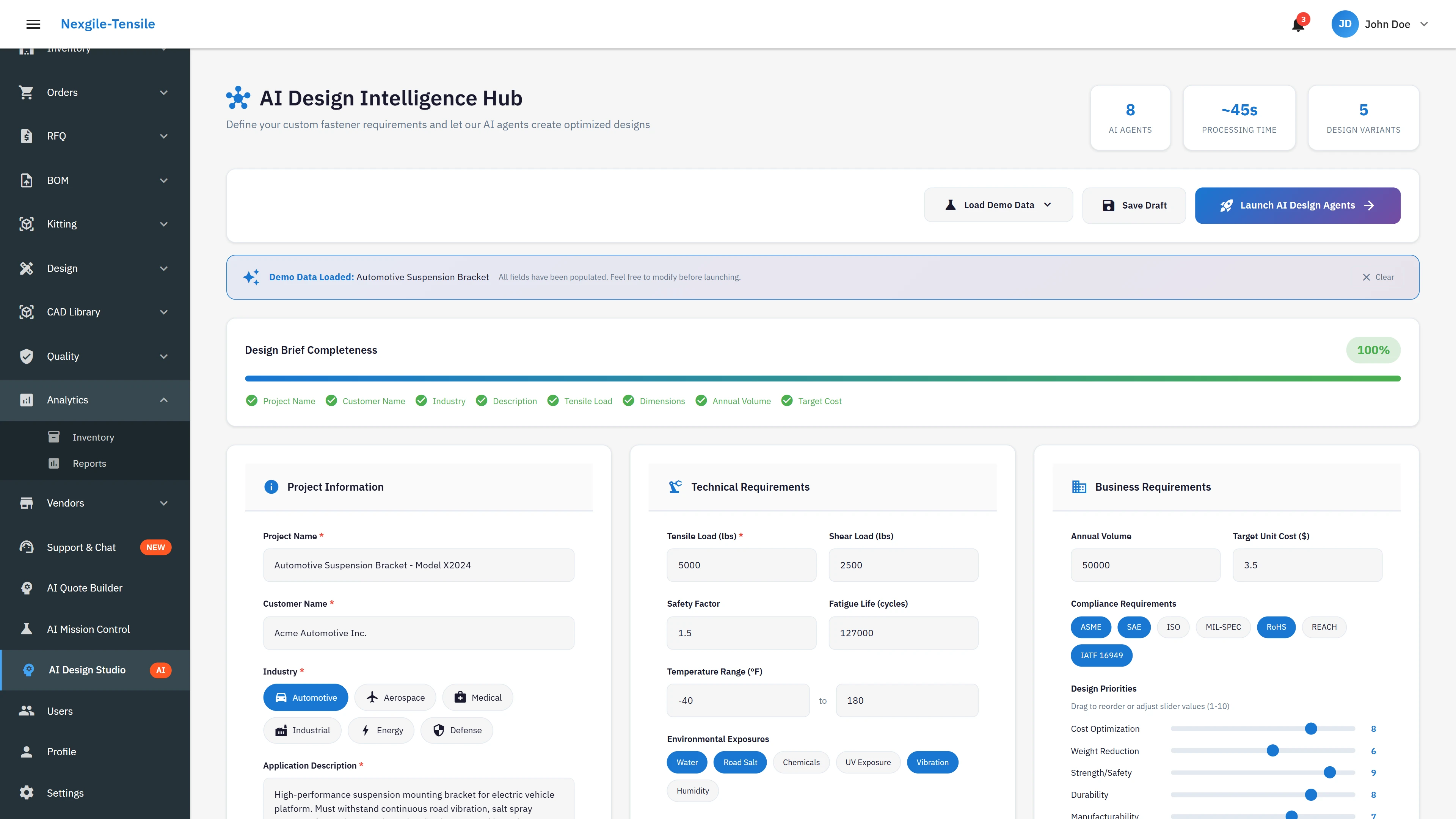 Illustrative preview (sample data, not verified outcomes): Design Brief Analysis - Requirements extraction and validation from technical specifications
