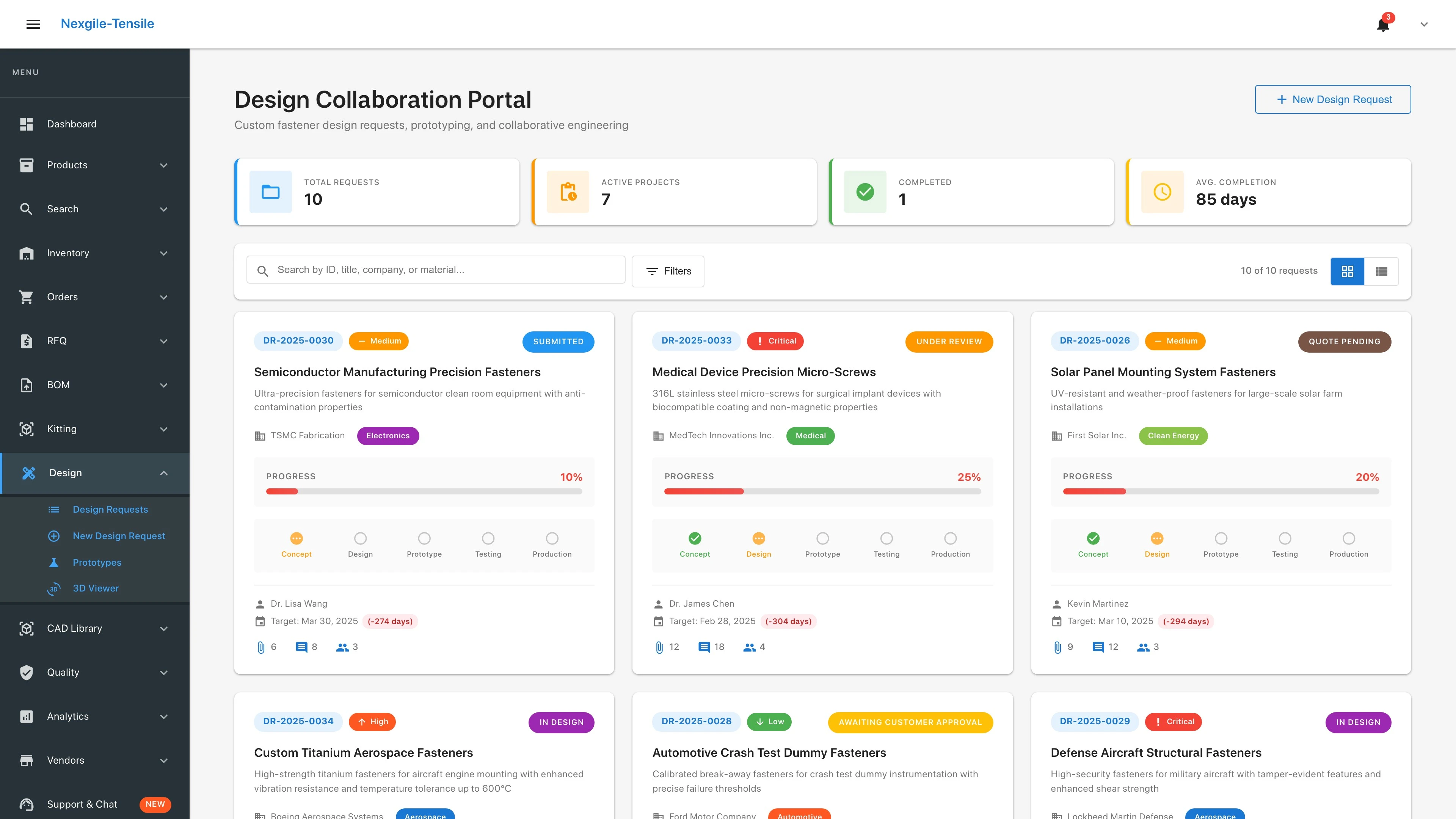 Illustrative preview (sample data, not verified outcomes): Design Requests page - Interface for managing custom fastener design requests