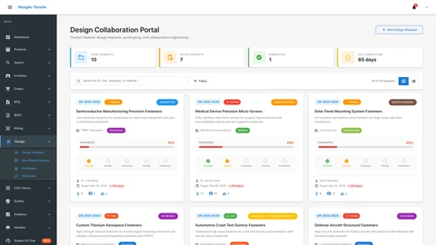 Illustrative preview (sample data, not verified outcomes): Design Requests page - Interface for managing custom fastener design requests