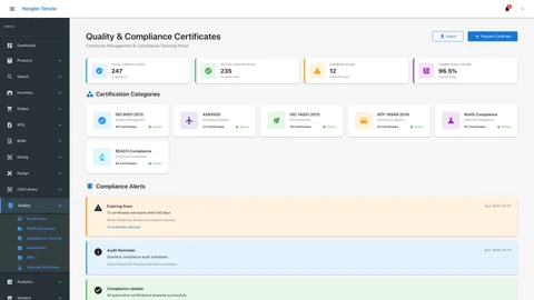 Illustrative preview (sample data, not verified outcomes): Quality Certificates page - Certificate repository and compliance documentation management