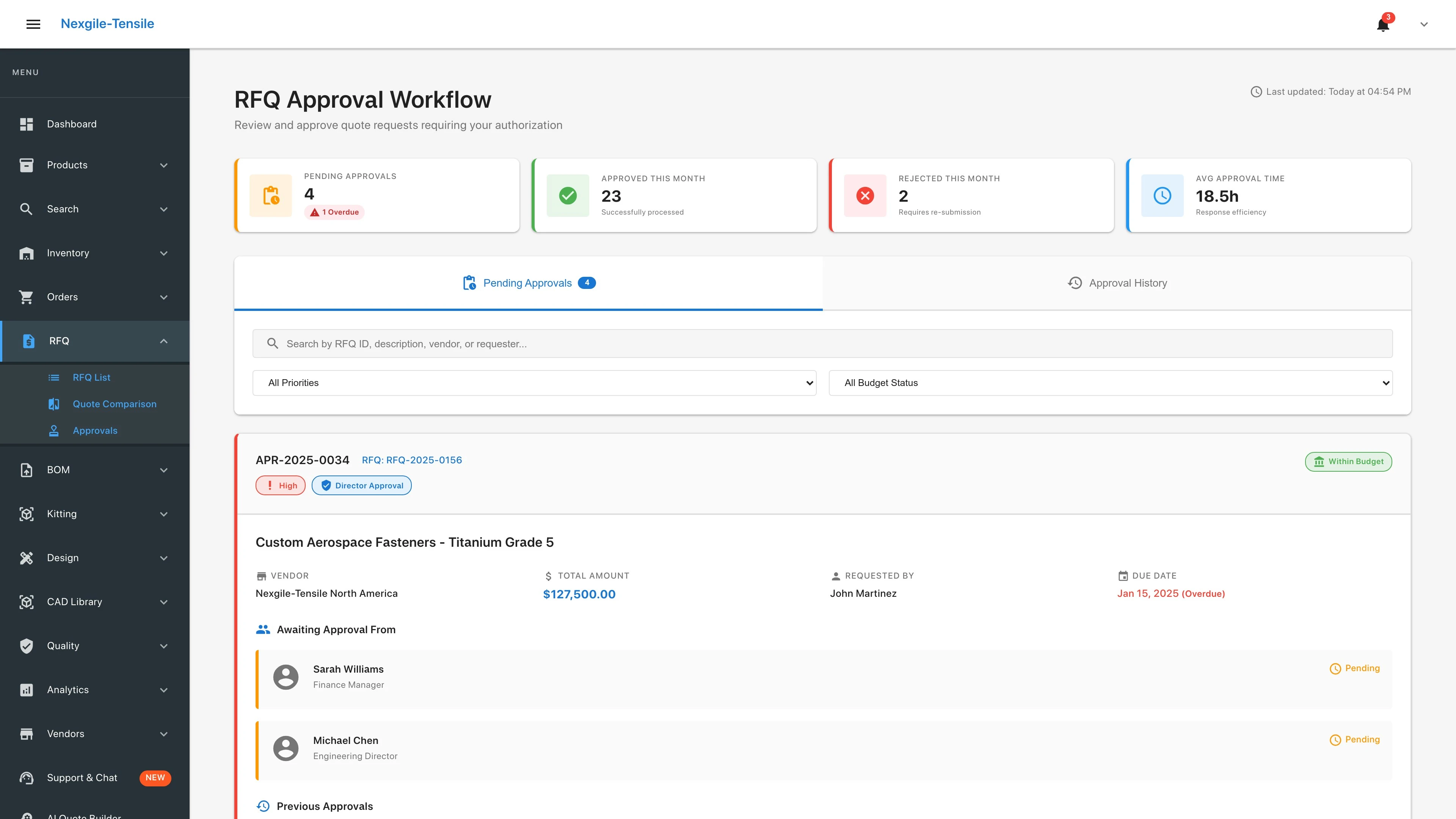 Illustrative preview (sample data, not verified outcomes): RFQ Approvals page - Multi-level approval workflow management for quote requests