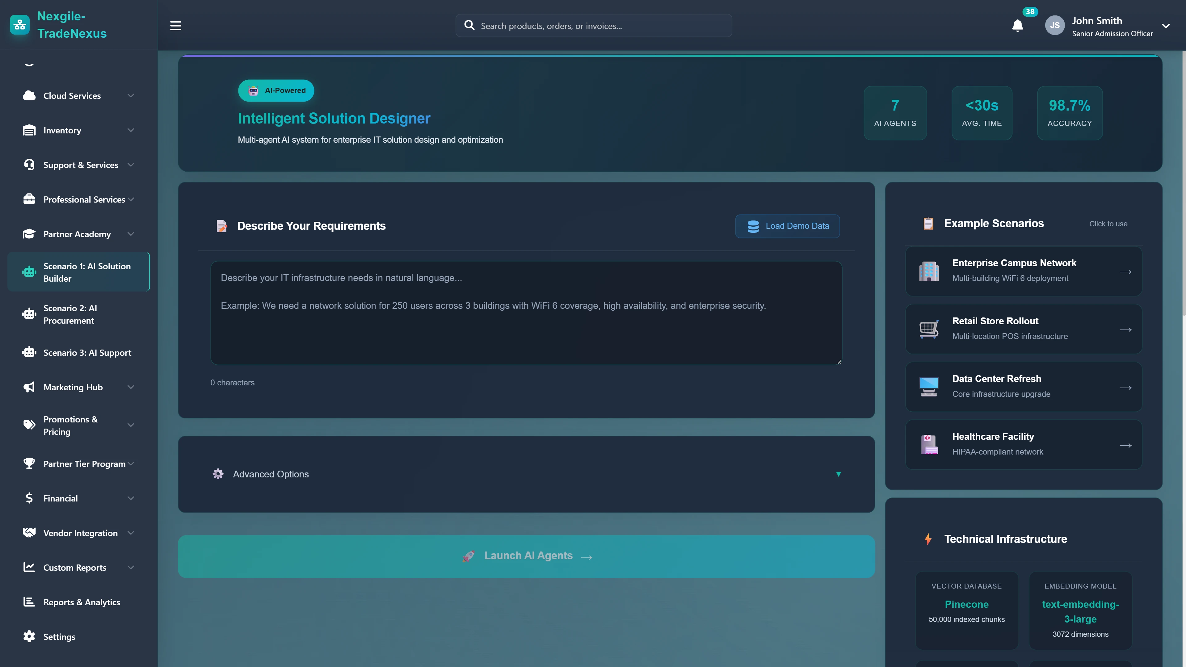 Illustrative preview (sample data, not verified outcomes): Intelligent Solution Designer - Natural language requirements input with example scenarios and technical infrastructure configuration