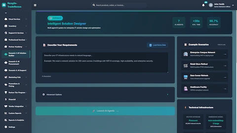 Illustrative preview (sample data, not verified outcomes): Intelligent Solution Designer - Natural language requirements input with example scenarios and technical infrastructure configuration