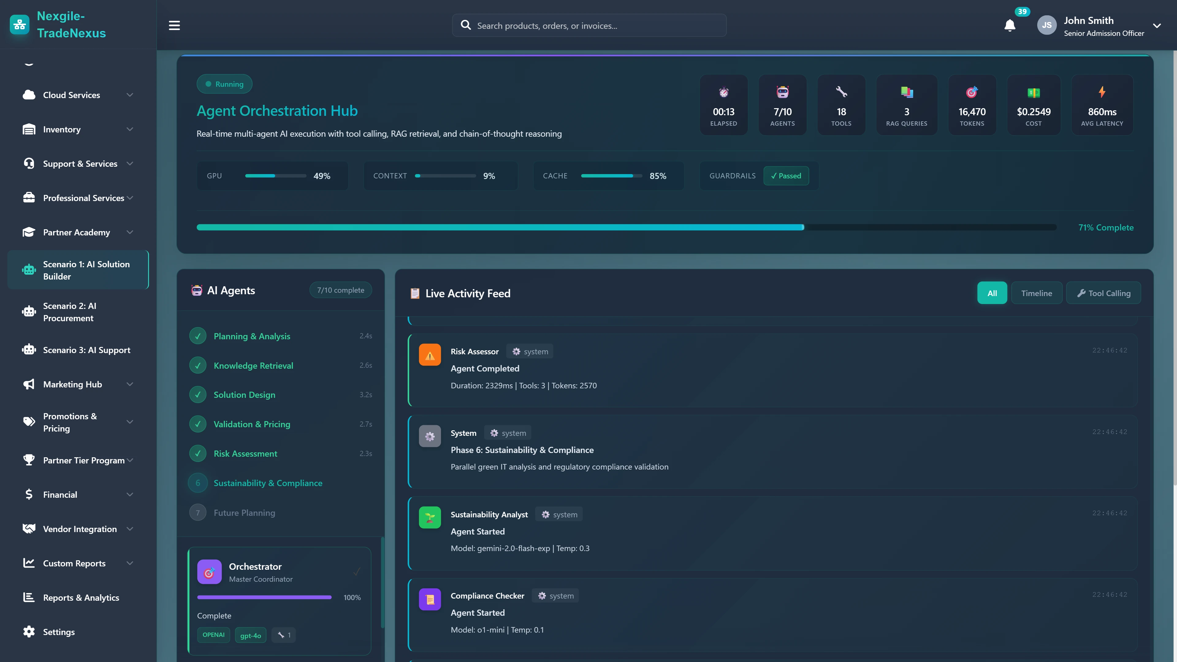 Illustrative preview (sample data, not verified outcomes): Agent Orchestration Hub - Real-time multi-agent execution with live activity feed, progress tracking, and system metrics