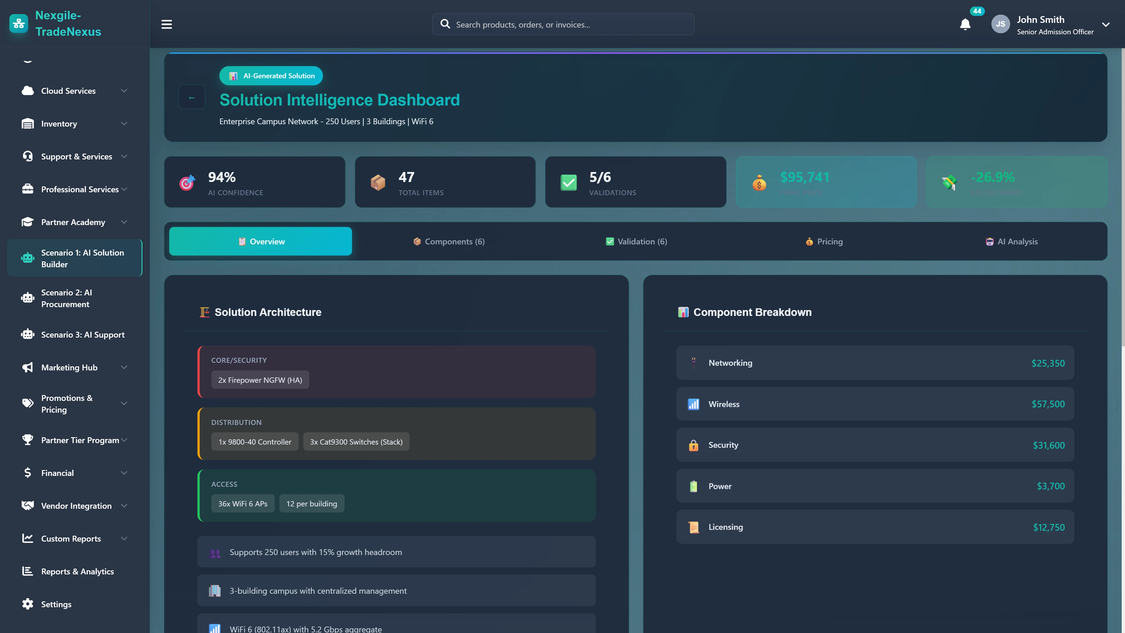 Illustrative preview (sample data, not verified outcomes): Solution Intelligence Dashboard - AI-generated architecture with component breakdown, pricing analysis, and validation scores