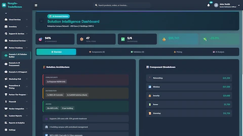 Illustrative preview (sample data, not verified outcomes): Solution Intelligence Dashboard - AI-generated architecture with component breakdown, pricing analysis, and validation scores
