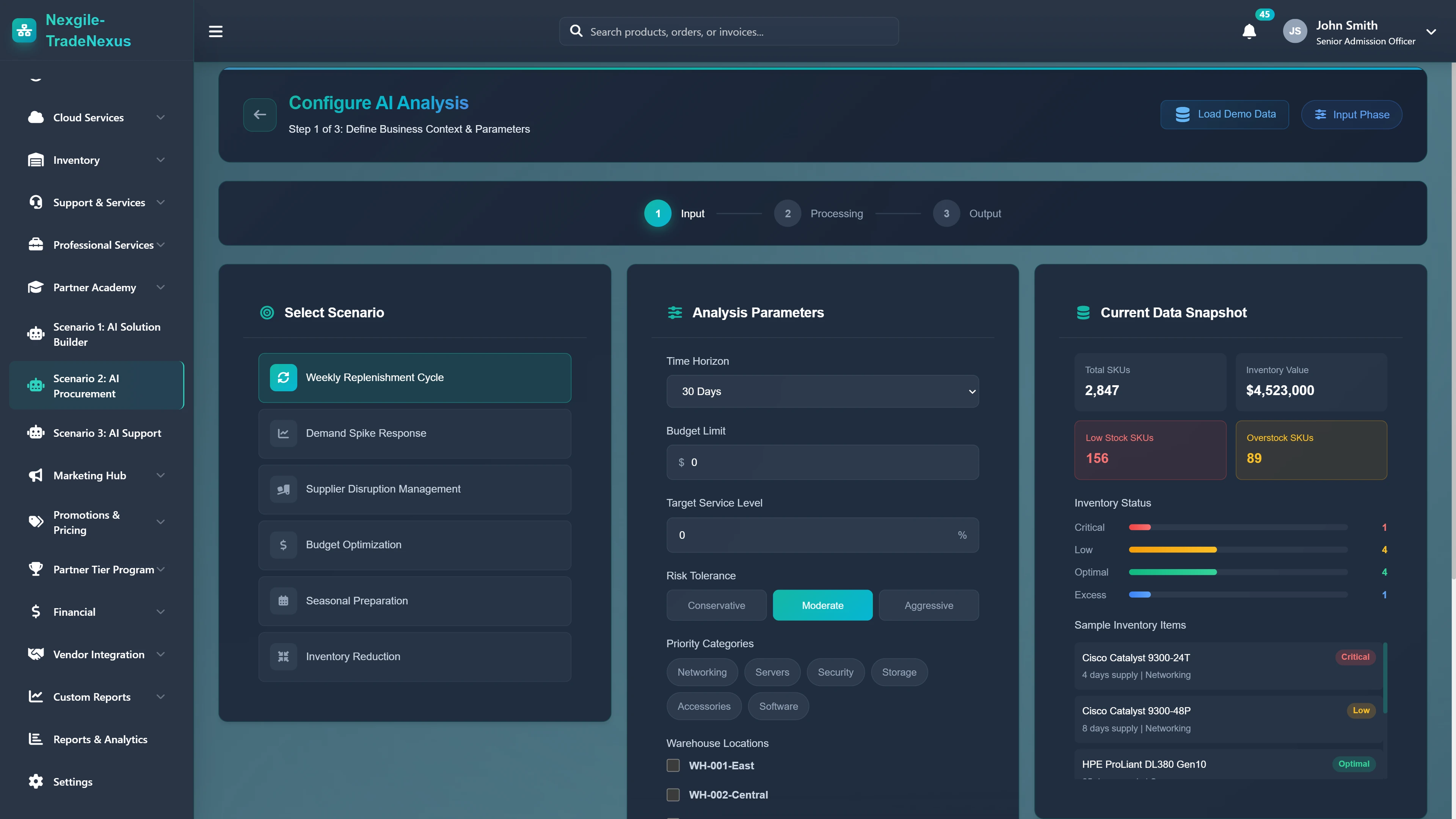 Illustrative preview (sample data, not verified outcomes): Configure AI Analysis - Scenario selection, analysis parameters, and real-time inventory snapshot with stock status indicators