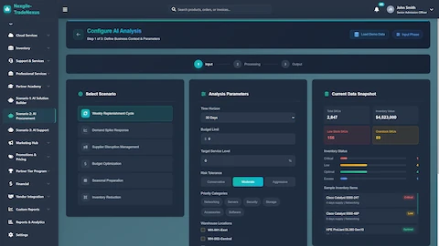 Illustrative preview (sample data, not verified outcomes): Configure AI Analysis - Scenario selection, analysis parameters, and real-time inventory snapshot with stock status indicators
