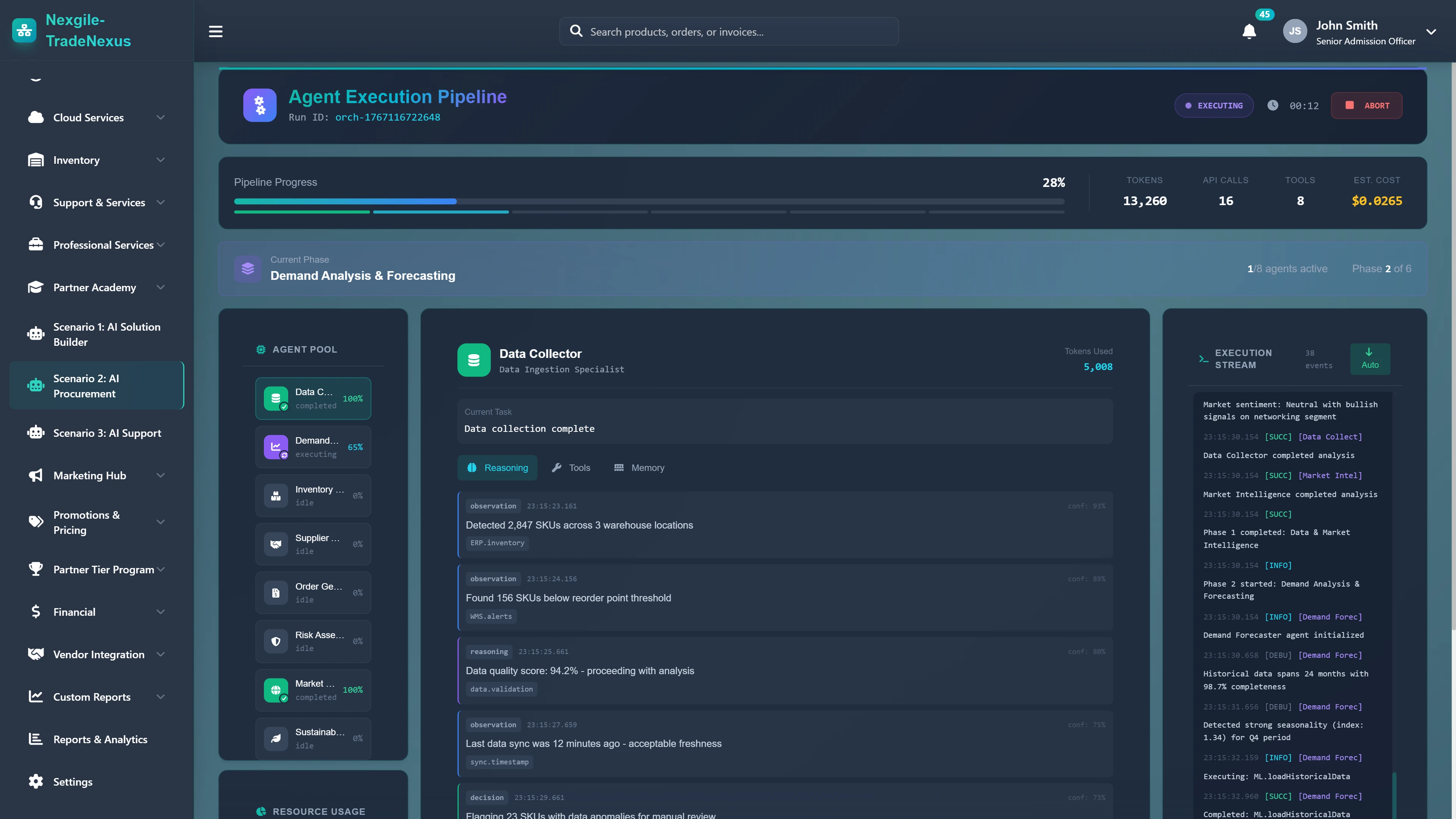 Illustrative preview (sample data, not verified outcomes): Agent Execution Pipeline - Real-time agent pool monitoring with data collection reasoning and execution stream logs
