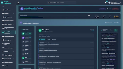 Illustrative preview (sample data, not verified outcomes): Agent Execution Pipeline - Real-time agent pool monitoring with data collection reasoning and execution stream logs