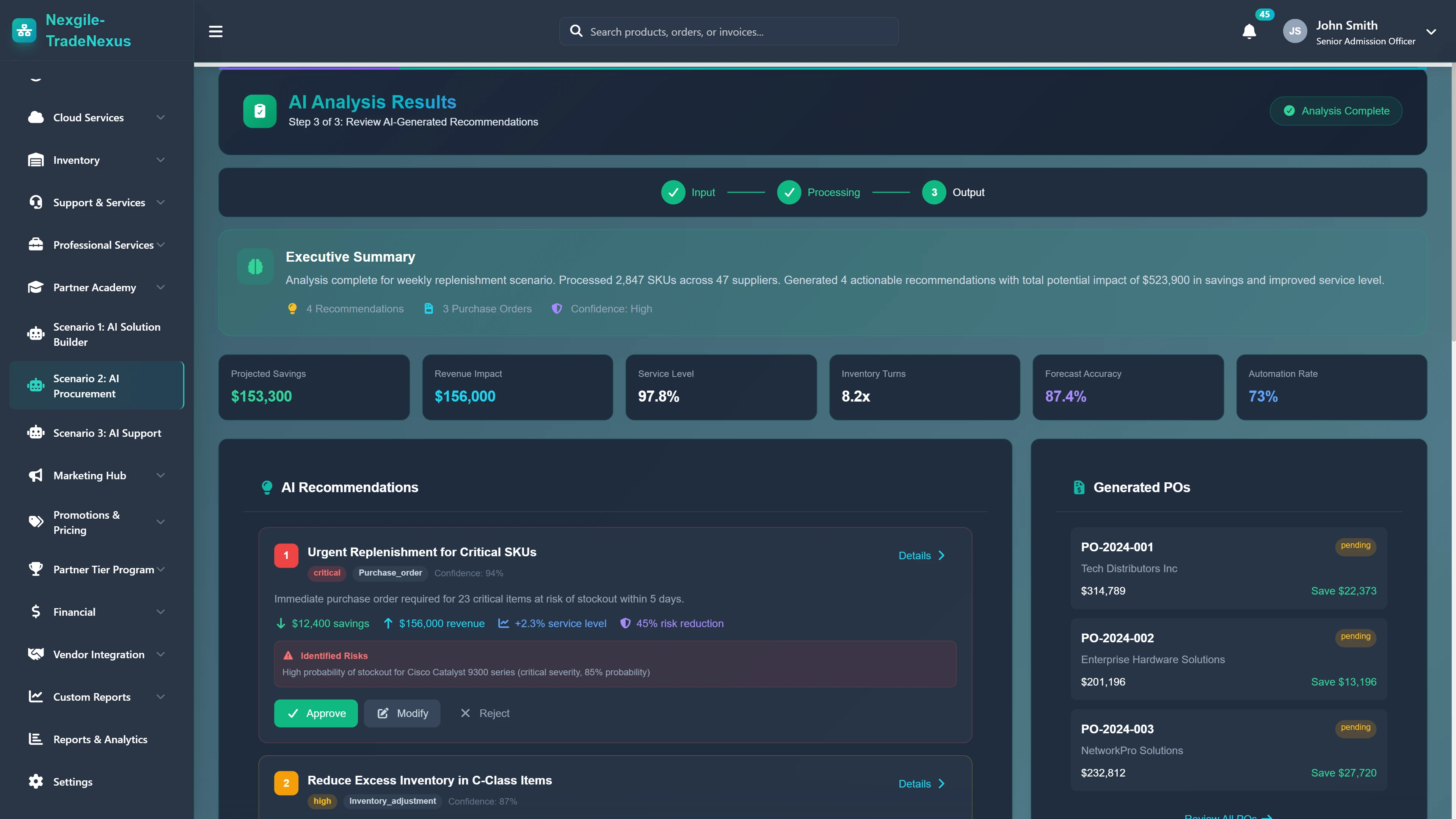Illustrative preview (sample data, not verified outcomes): AI Analysis Results - Executive summary with savings projections, AI recommendations, and generated purchase orders