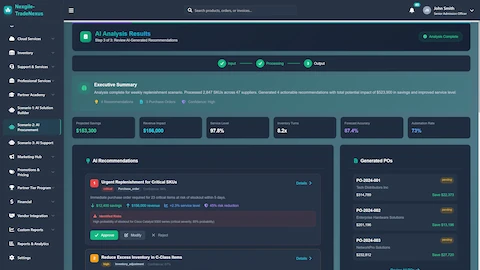 Illustrative preview (sample data, not verified outcomes): AI Analysis Results - Executive summary with savings projections, AI recommendations, and generated purchase orders