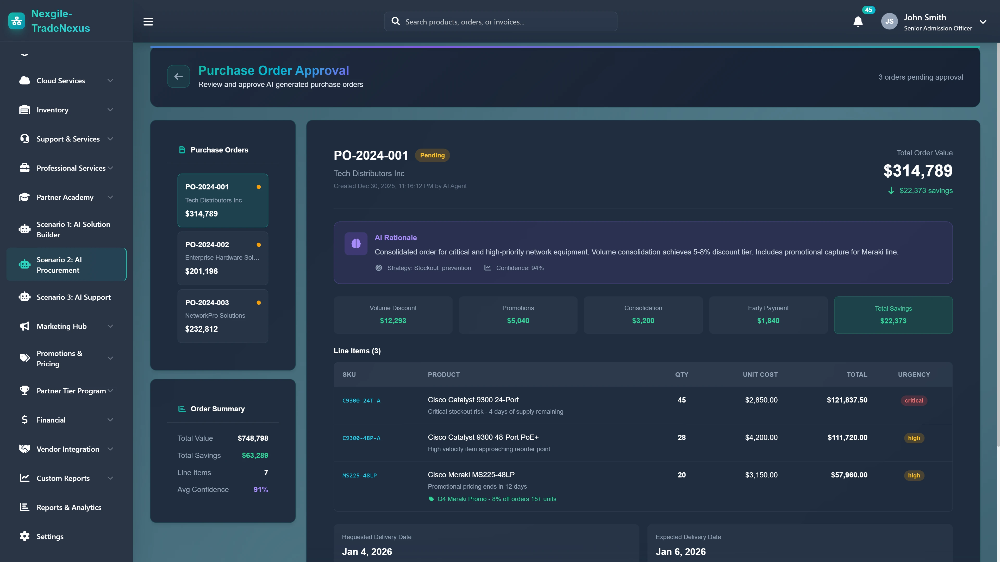 Illustrative preview (sample data, not verified outcomes): Purchase Order Approval - AI rationale with savings breakdown, line items, urgency indicators, and approval workflow