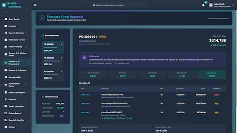 Illustrative preview (sample data, not verified outcomes): Purchase Order Approval - AI rationale with savings breakdown, line items, urgency indicators, and approval workflow