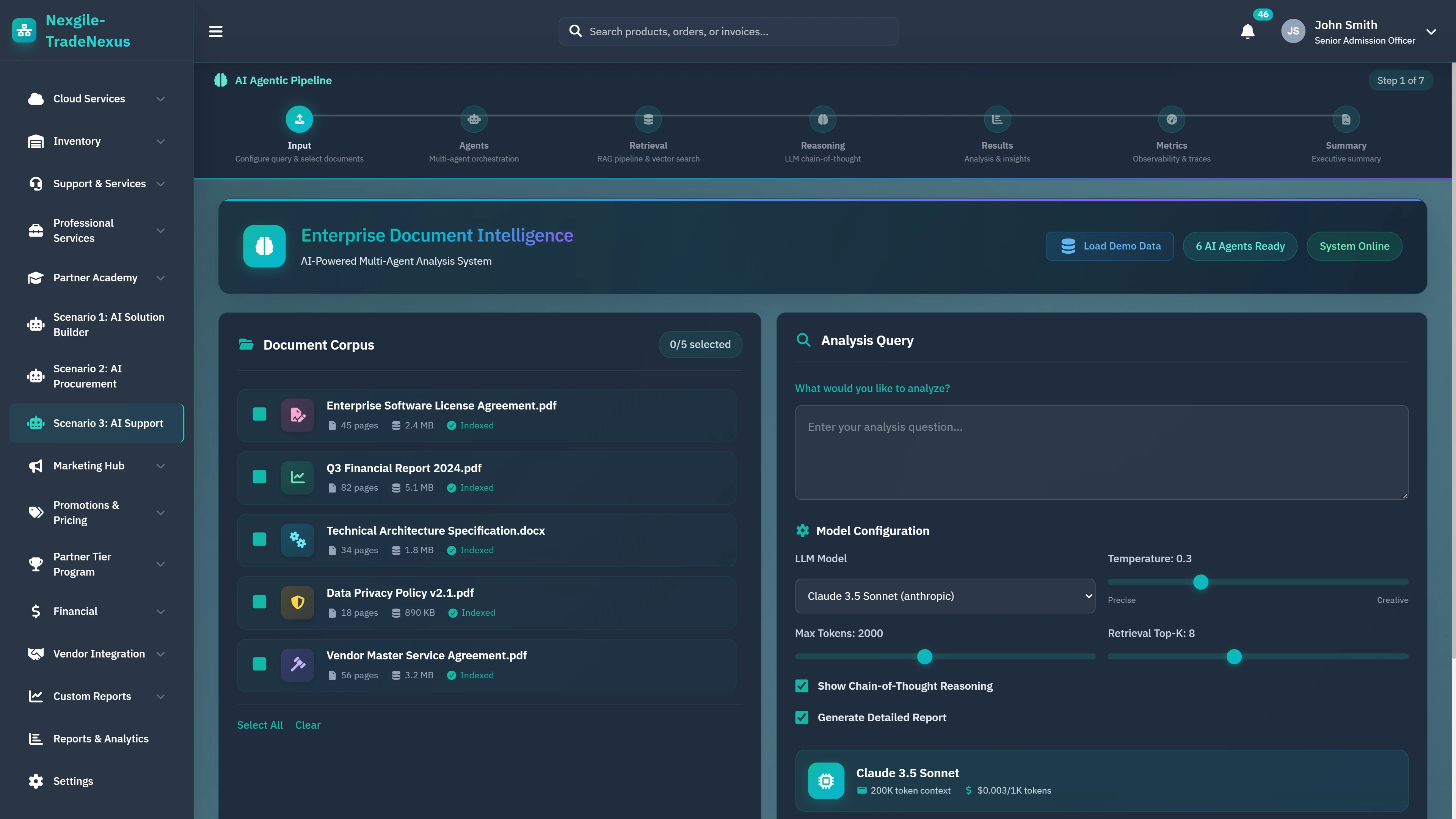 Illustrative preview (sample data, not verified outcomes): Enterprise Document Intelligence - Document corpus selection, analysis query input, and LLM model configuration panel