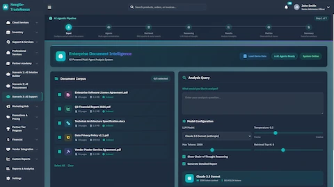 Illustrative preview (sample data, not verified outcomes): Enterprise Document Intelligence - Document corpus selection, analysis query input, and LLM model configuration panel