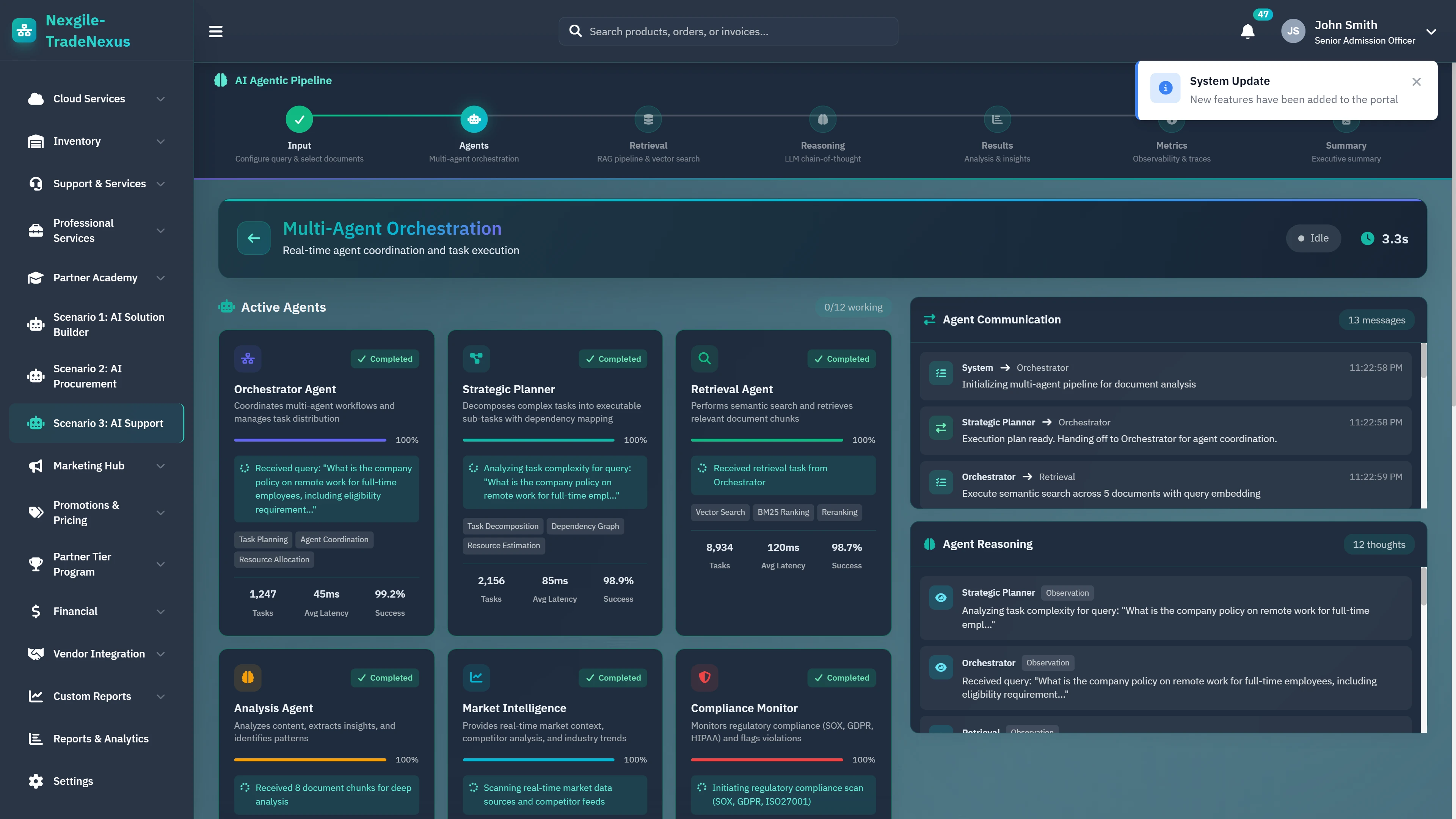 Illustrative preview (sample data, not verified outcomes): Multi-Agent Orchestration - Active agents dashboard with task metrics, agent communication, and reasoning logs