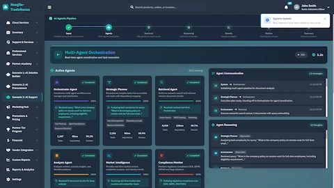 Illustrative preview (sample data, not verified outcomes): Multi-Agent Orchestration - Active agents dashboard with task metrics, agent communication, and reasoning logs