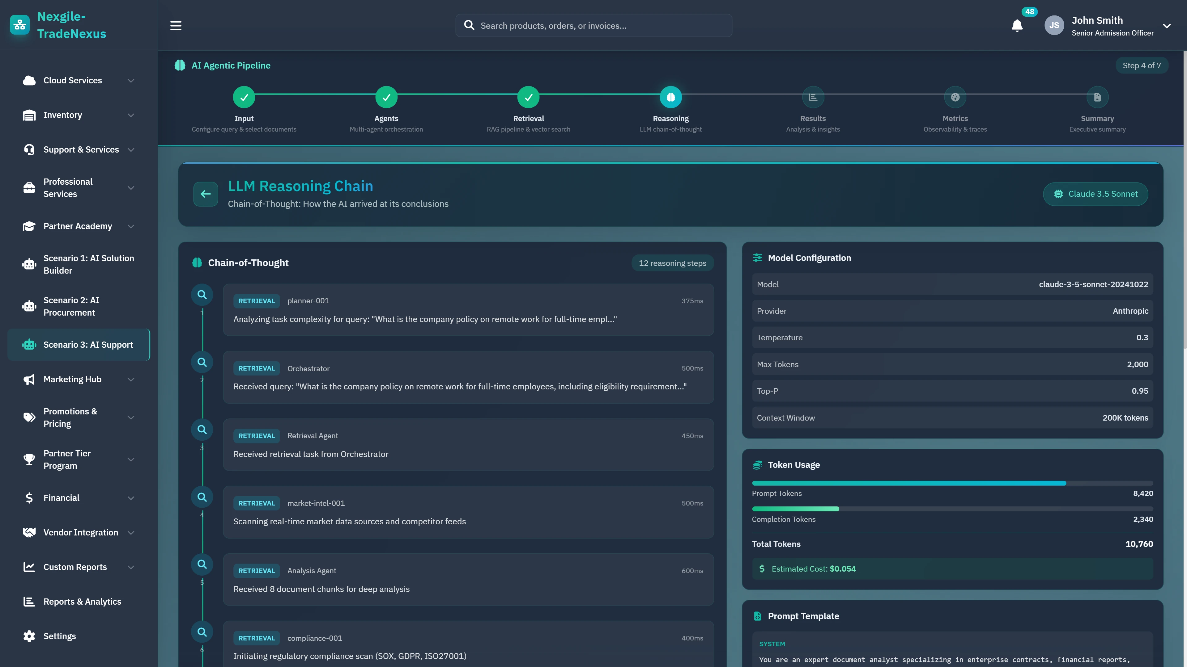Illustrative preview (sample data, not verified outcomes): LLM Reasoning Chain - Chain-of-thought visualization with retrieval steps, token usage metrics, and cost tracking