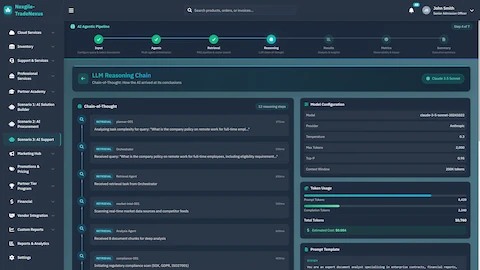 Illustrative preview (sample data, not verified outcomes): LLM Reasoning Chain - Chain-of-thought visualization with retrieval steps, token usage metrics, and cost tracking