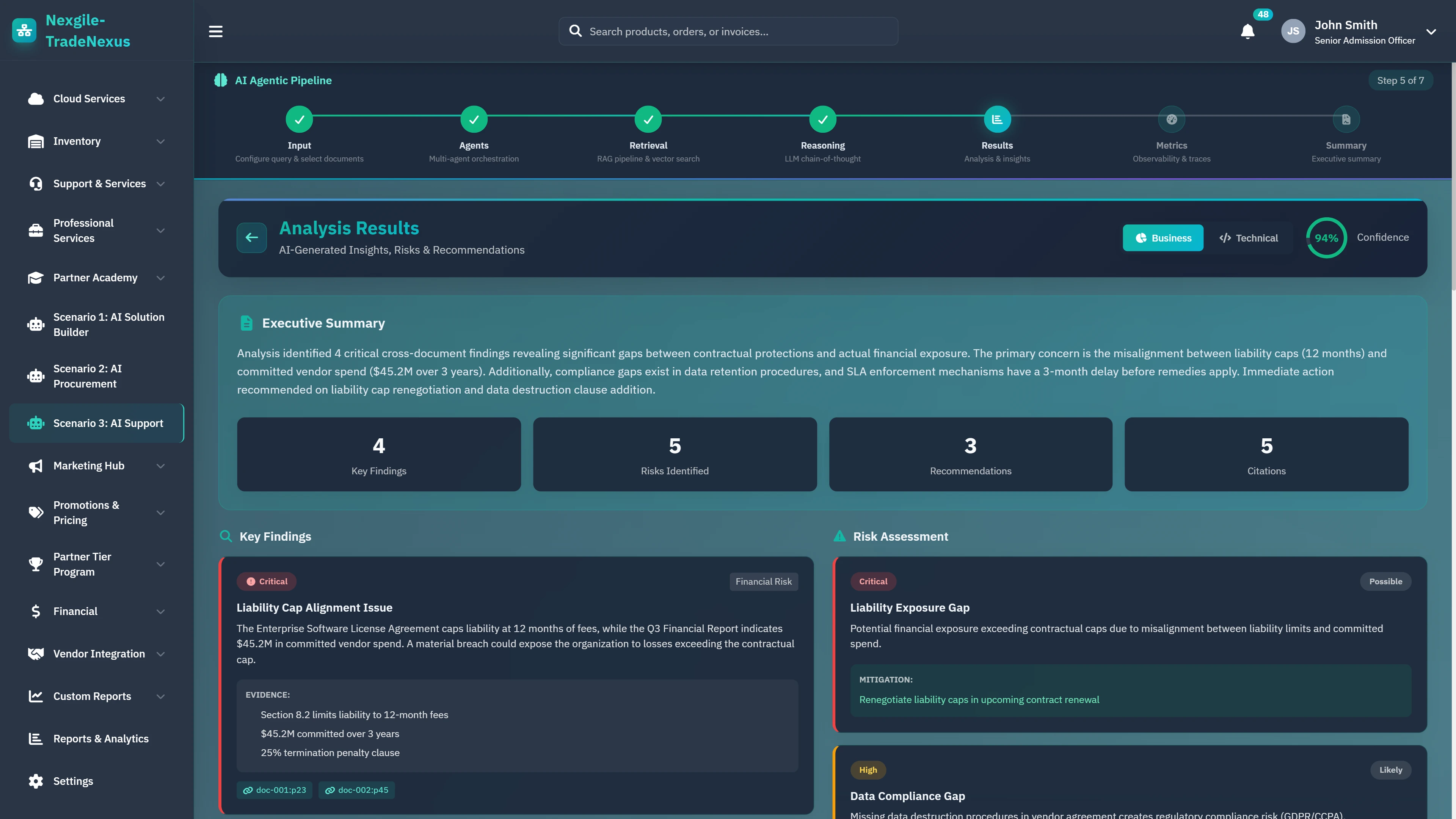 Illustrative preview (sample data, not verified outcomes): Analysis Results - Executive summary with key findings, risk assessment, recommendations, and document citations