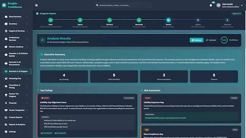 Illustrative preview (sample data, not verified outcomes): Analysis Results - Executive summary with key findings, risk assessment, recommendations, and document citations