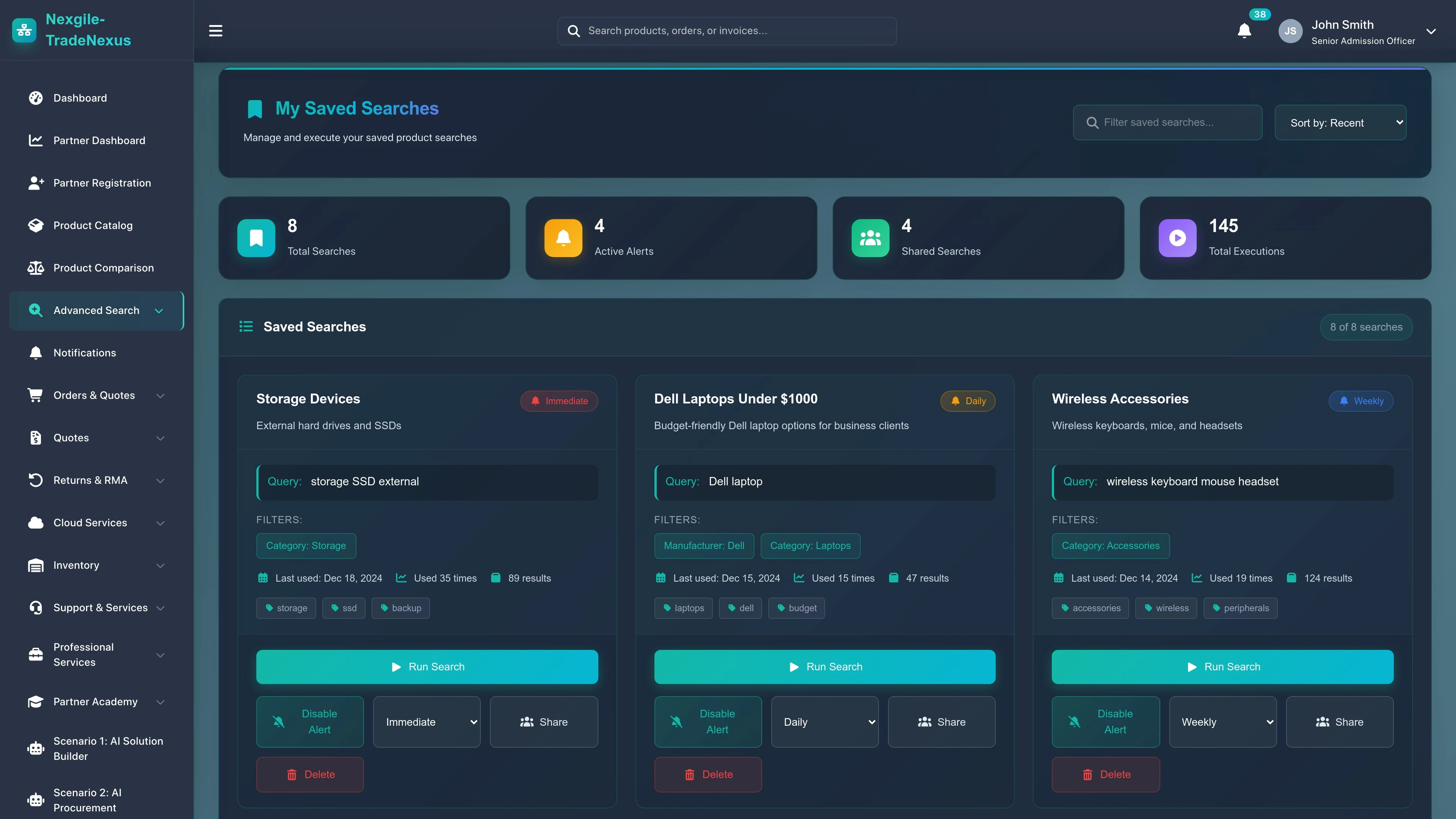 Illustrative preview (sample data, not verified outcomes): Search Saved - Advanced product search and saved searches interface
