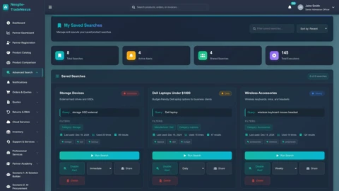 Illustrative preview (sample data, not verified outcomes): Search Saved - Advanced product search and saved searches interface