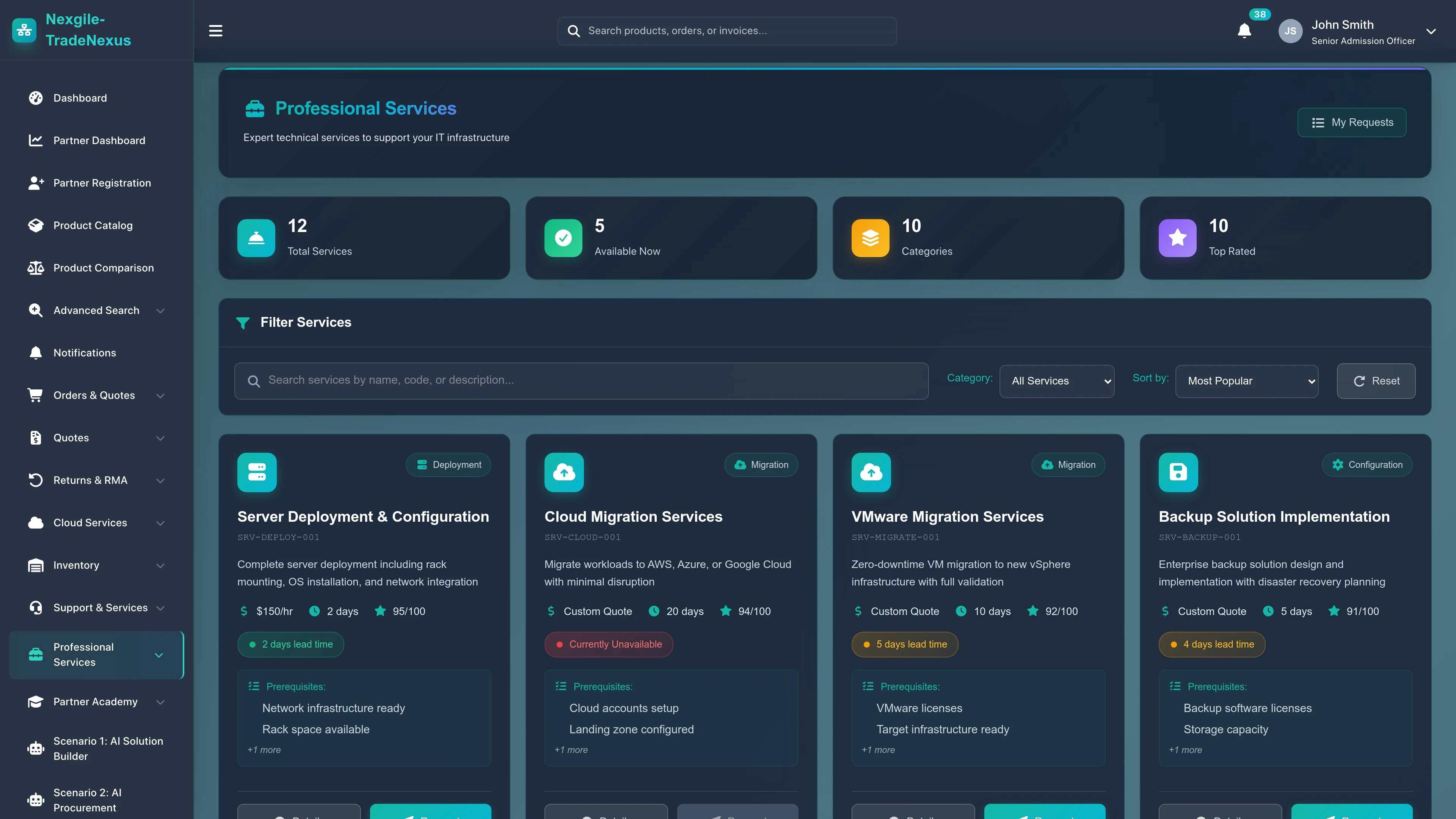 Illustrative preview (sample data, not verified outcomes): Services Catalog - Comprehensive product and solutions browsing interface