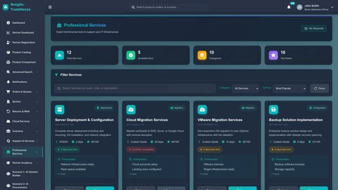 Illustrative preview (sample data, not verified outcomes): Services Catalog - Comprehensive product and solutions browsing interface