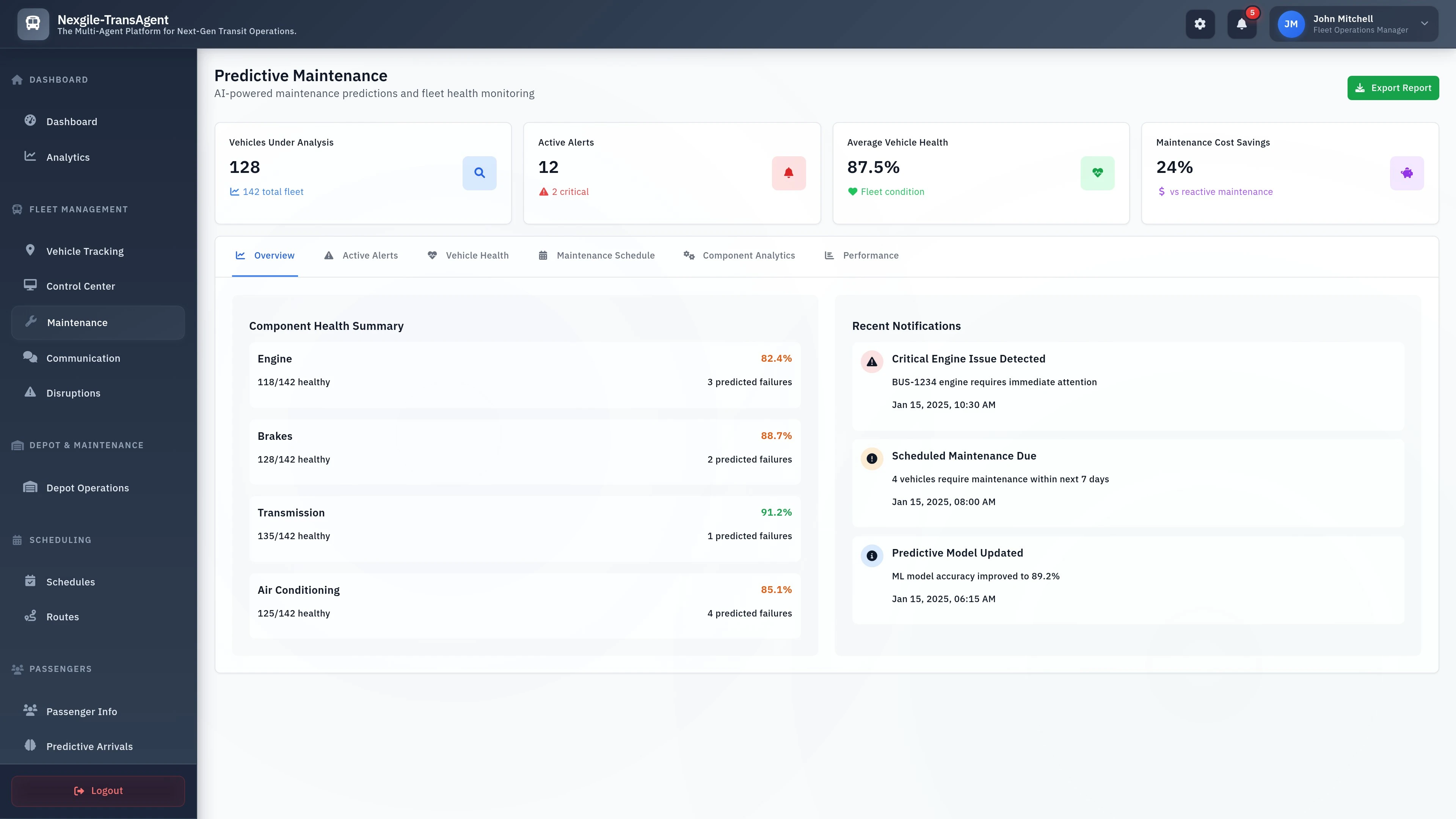 Illustrative preview (sample data, not verified outcomes): Predictive Maintenance Dashboard - Fleet monitoring and maintenance optimization interface