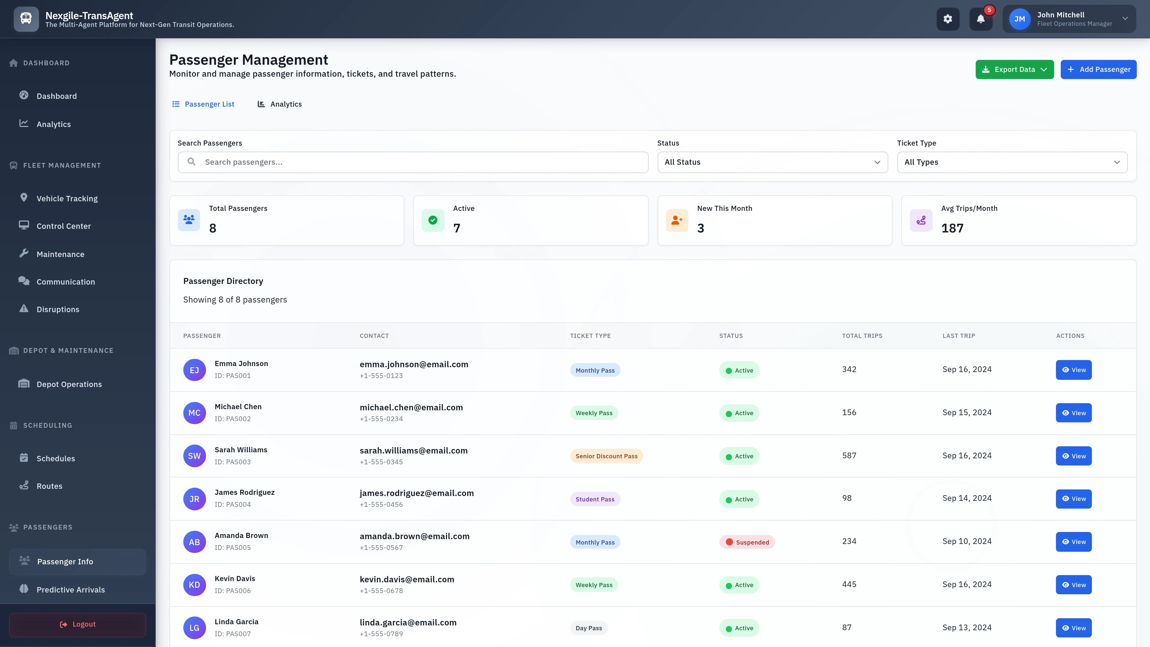 Illustrative preview (sample data, not verified outcomes): Nexgile-TransAgent Hub - Passengers List Management