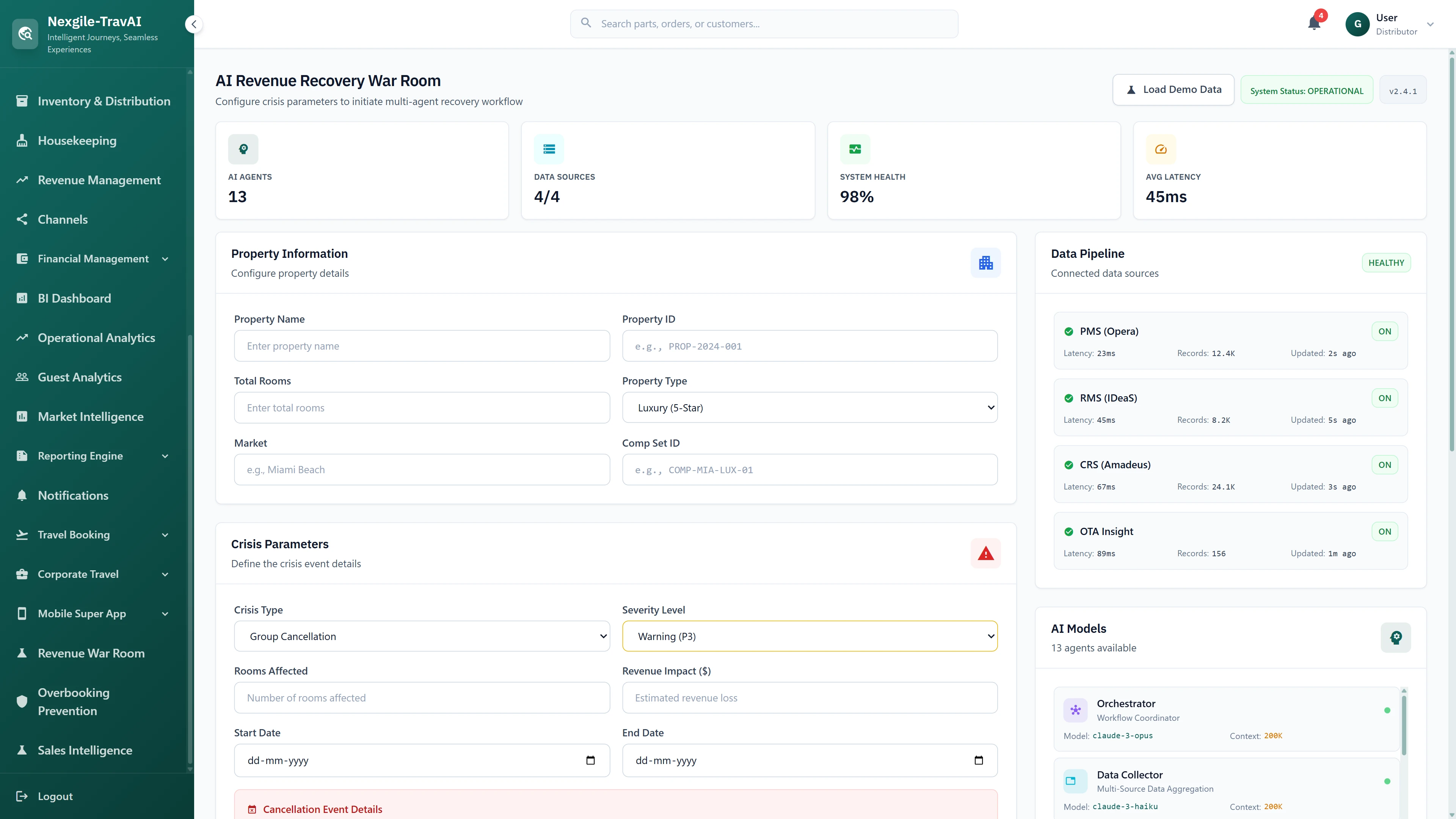 Illustrative preview (sample data, not verified outcomes): Crisis configuration dashboard with property details, crisis parameters, real-time data pipeline connections, and 13 AI agents ready for deployment.