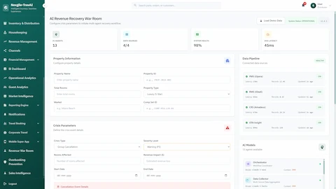 Illustrative preview (sample data, not verified outcomes): Crisis configuration dashboard with property details, crisis parameters, real-time data pipeline connections, and 13 AI agents ready for deployment.