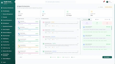 Illustrative preview (sample data, not verified outcomes): AI Agent Orchestration showing real-time multi-agent workflow with completed agents, reasoning chain, and system health monitoring.