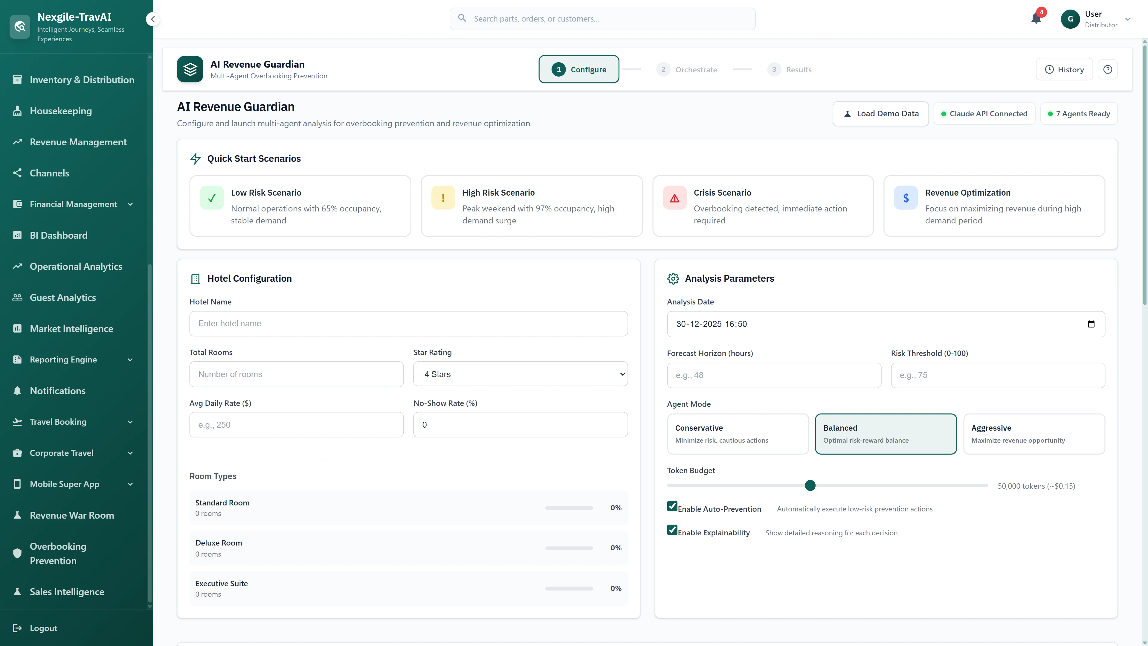 Illustrative preview (sample data, not verified outcomes): Configuration page with Quick Start Scenarios, hotel setup form, analysis parameters, and agent mode selection (Conservative/Balanced/Aggressive).