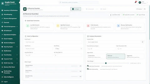 Illustrative preview (sample data, not verified outcomes): Configuration page with Quick Start Scenarios, hotel setup form, analysis parameters, and agent mode selection (Conservative/Balanced/Aggressive).