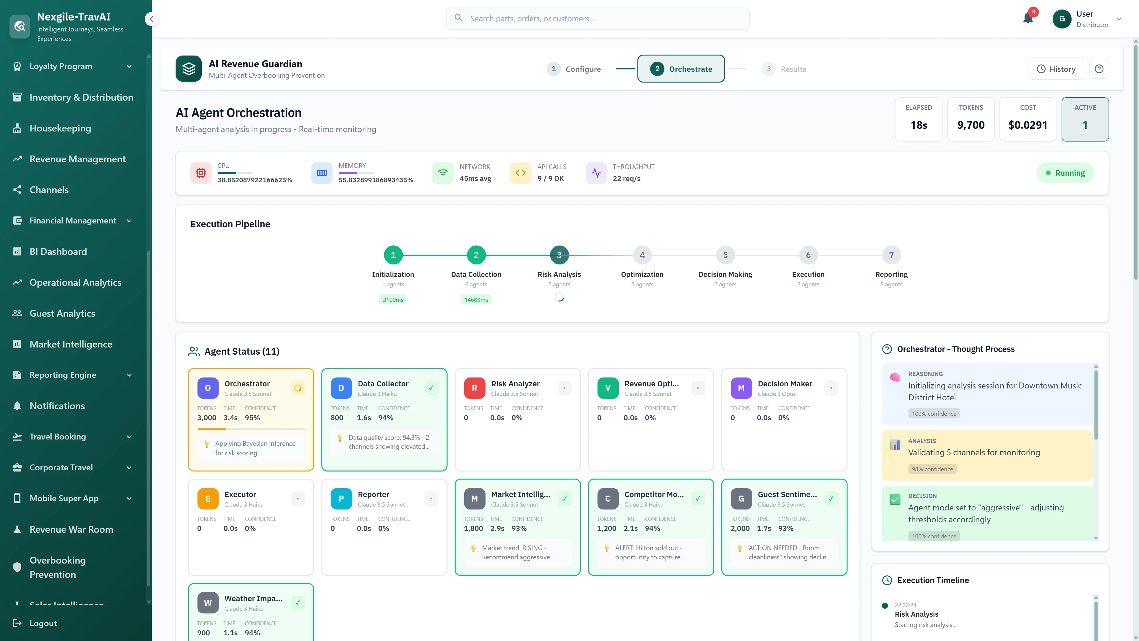 Illustrative preview (sample data, not verified outcomes): AI Agent Orchestration displaying 7-phase execution pipeline, 11 agent status cards with real-time metrics, and orchestrator thought process.