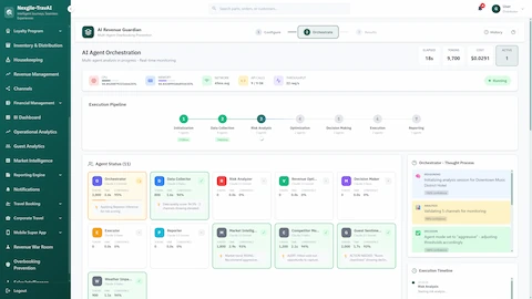 Illustrative preview (sample data, not verified outcomes): AI Agent Orchestration displaying 7-phase execution pipeline, 11 agent status cards with real-time metrics, and orchestrator thought process.