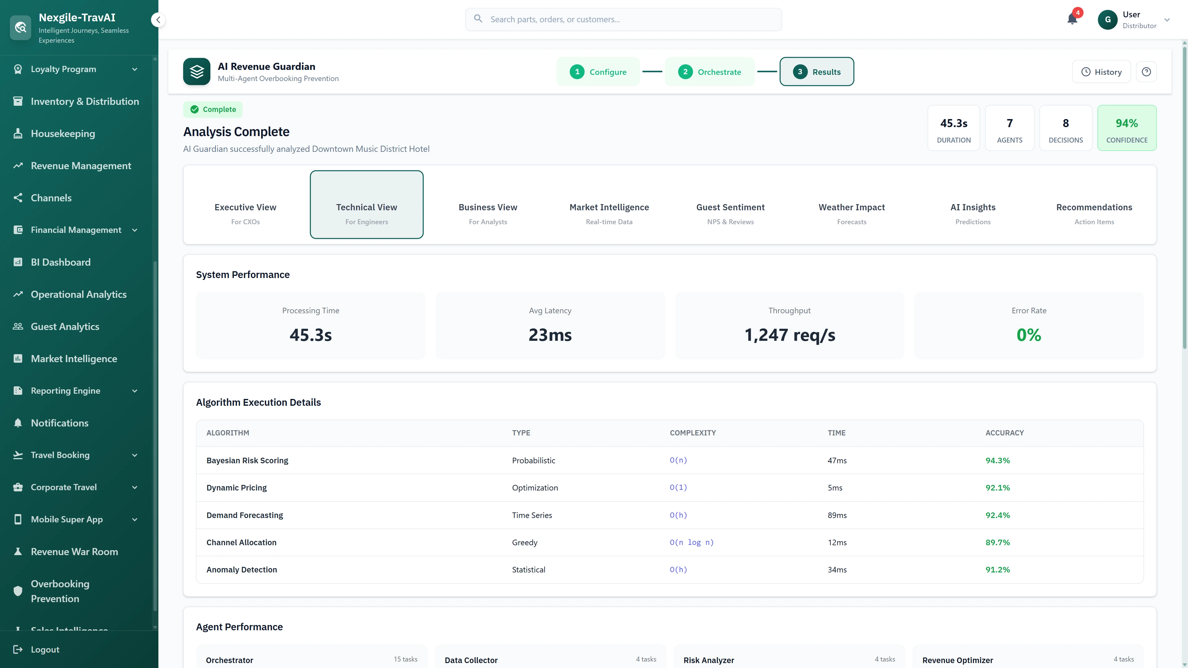 Illustrative preview (sample data, not verified outcomes): Technical Results view with system performance metrics, algorithm execution details, accuracy scores, and agent task breakdown.