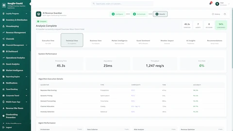 Illustrative preview (sample data, not verified outcomes): Technical Results view with system performance metrics, algorithm execution details, accuracy scores, and agent task breakdown.