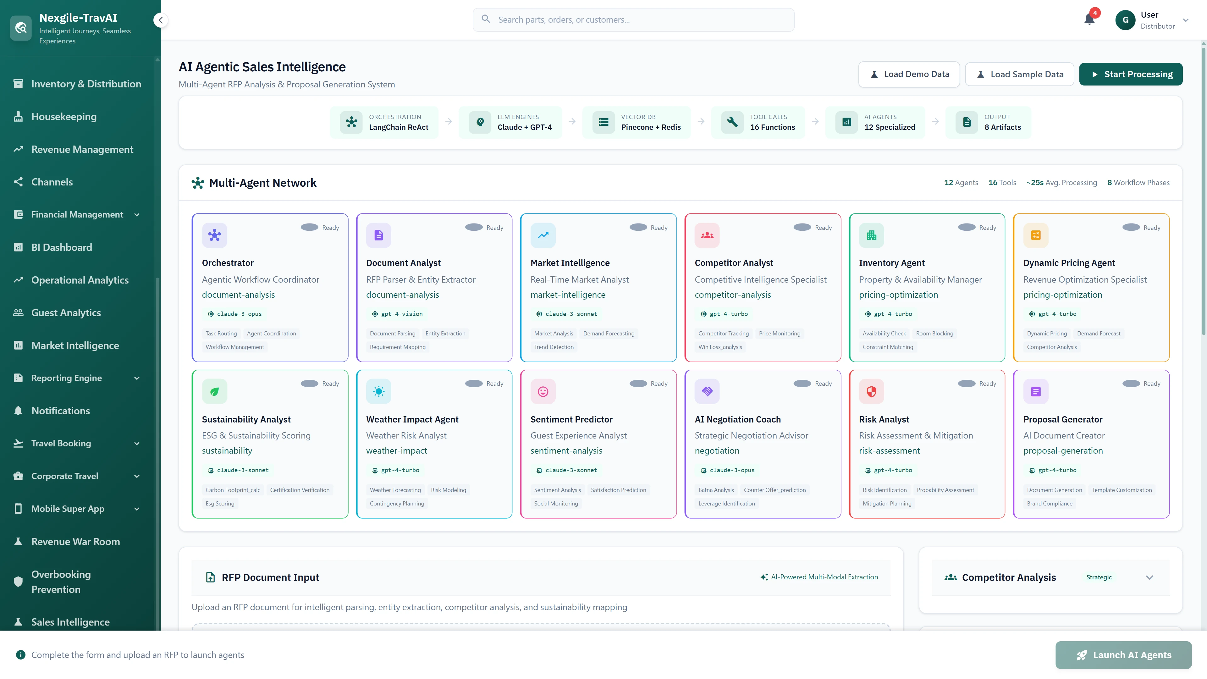 Illustrative preview (sample data, not verified outcomes): Multi-Agent Network overview showing 12 specialized AI agents, LangChain orchestration architecture, and RFP document upload interface.