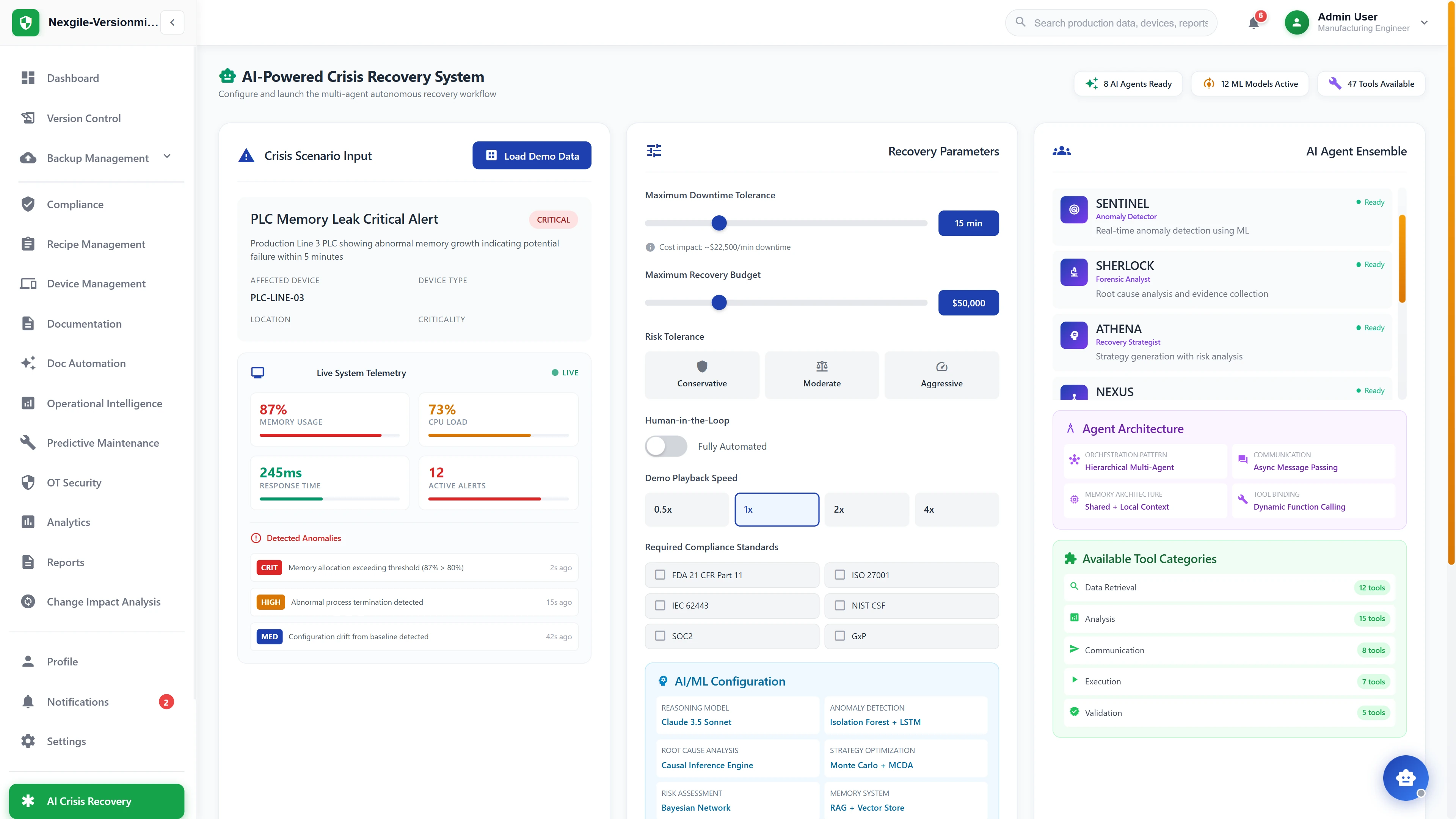 Illustrative preview (sample data, not verified outcomes): Crisis recovery configuration interface displaying PLC memory leak scenario with live telemetry, 8-agent ensemble, and compliance parameters