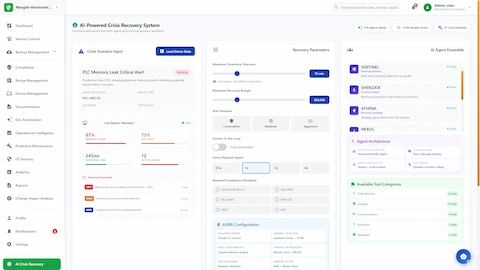 Illustrative preview (sample data, not verified outcomes): Crisis recovery configuration interface displaying PLC memory leak scenario with live telemetry, 8-agent ensemble, and compliance parameters