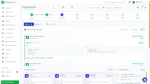 Illustrative preview (sample data, not verified outcomes): Real-time agent orchestration showing multi-agent workflow execution with live tool invocation feed and activity timeline