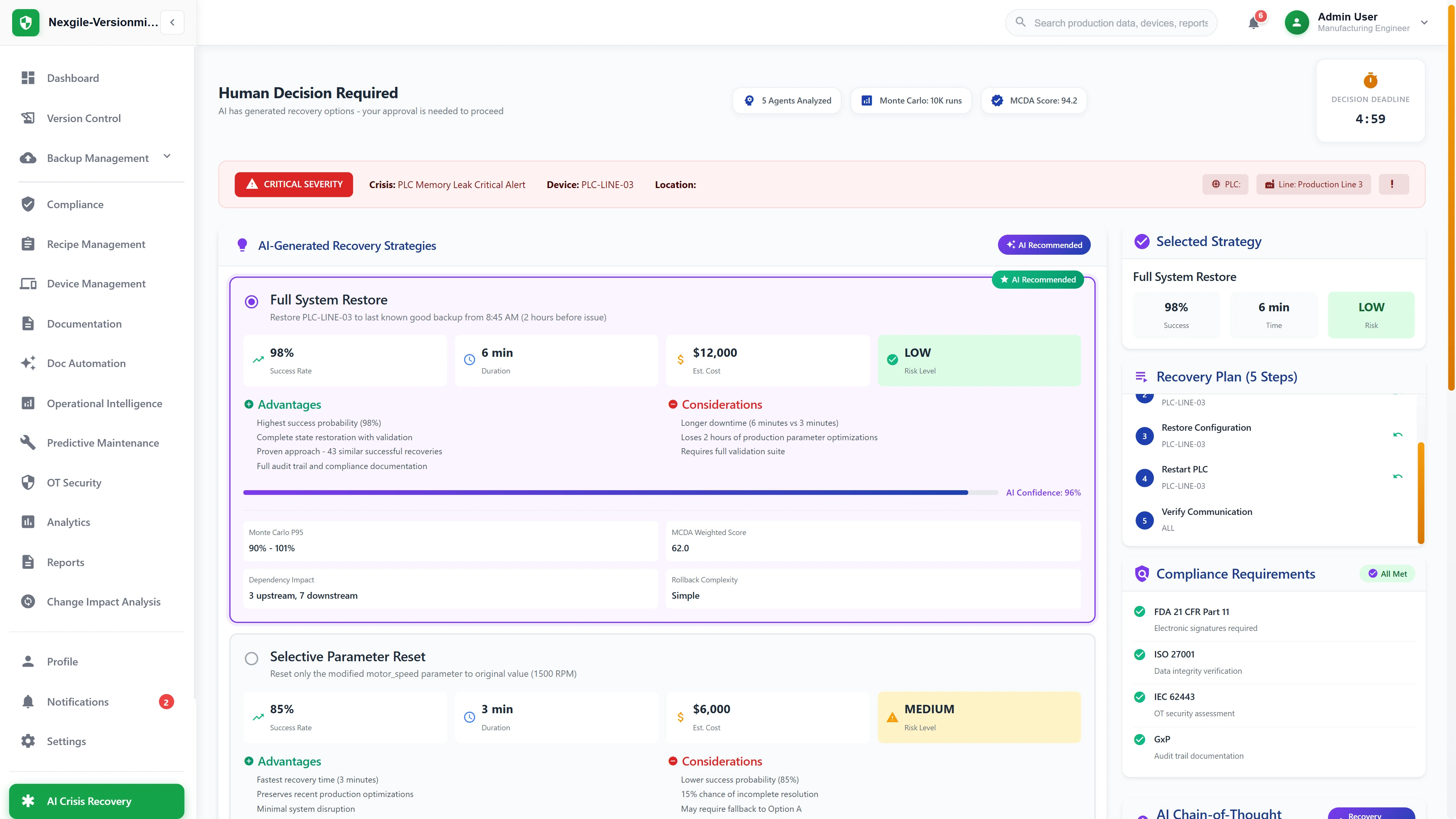 Illustrative preview (sample data, not verified outcomes): Human-in-the-loop approval interface presenting AI-generated recovery strategies with risk analysis and compliance verification