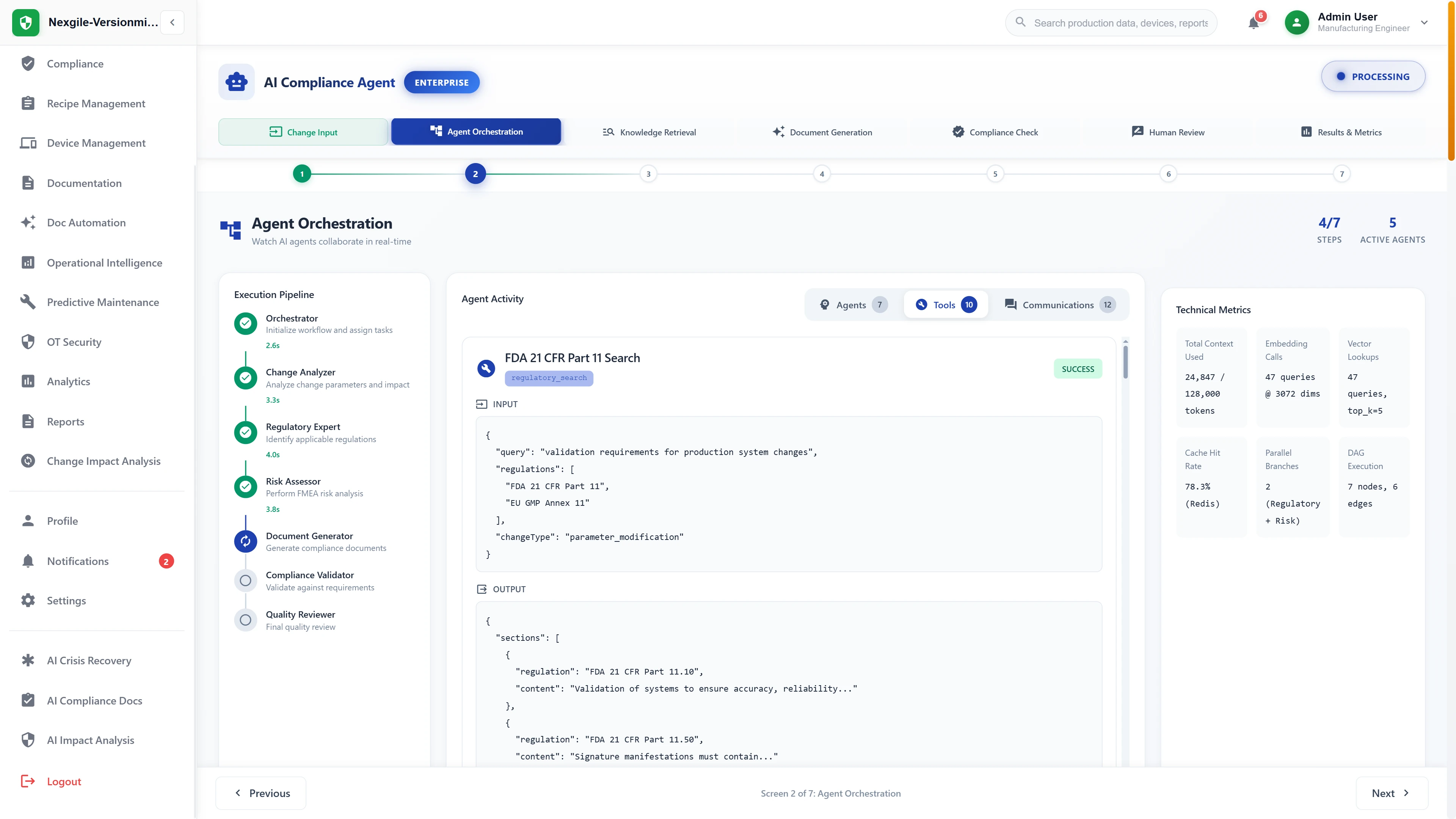 Illustrative preview (sample data, not verified outcomes): Multi-agent orchestration interface showing 7 specialized agents collaborating on FDA 21 CFR Part 11 regulatory knowledge retrieval